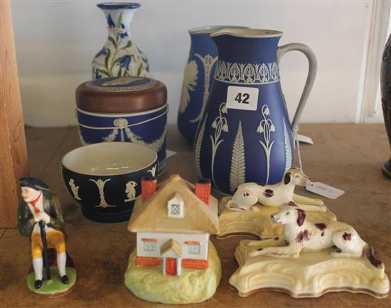 Pearlware cottage pastille burner, 3 English porcelain figures, Jasperware etc(-)